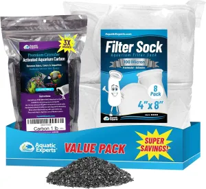 Aquatic Experts Premium Granulated Activated Carbon 1LB and 100 Micron Felt Filter Socks 4"x8" - 8 Pack, Made in USA (Value Pack)