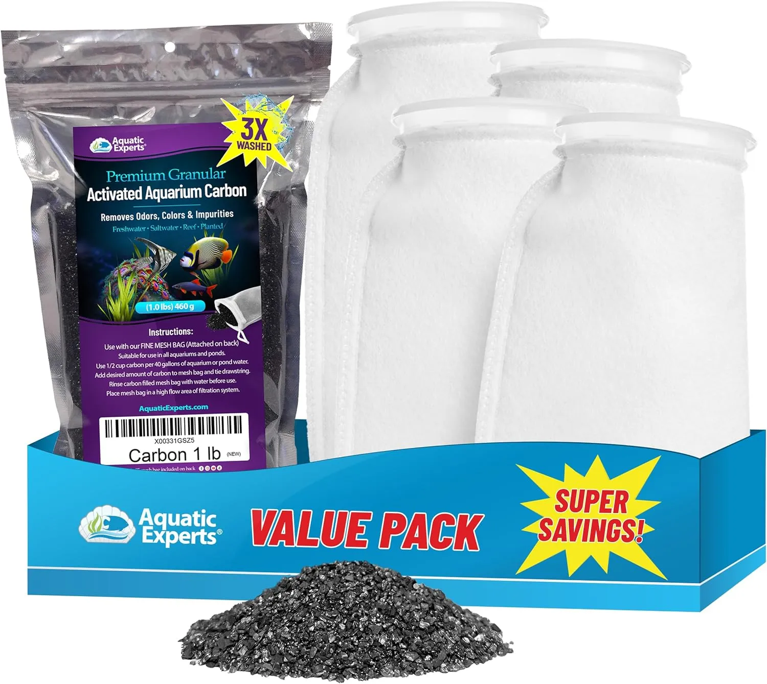 Aquatic Experts Premium Granulated Activated Carbon 1LB and 100 Micron Felt Filter Socks 7"x12" - 4 Pack, Made in USA (Value Pack)