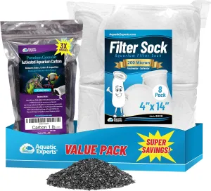 Aquatic Experts Premium Granulated Activated Carbon 1lb and 200 Micron Felt Filter Socks 4"x14" - 8 Pack, Made in USA (Value Pack)