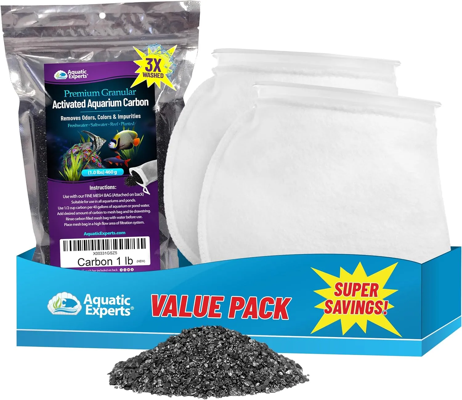 Aquatic Experts Premium Granulated Activated Carbon 1LB and 200 Micron Felt Filter Socks 7"x8" - 2 Pack, Made in USA (Value Pack)