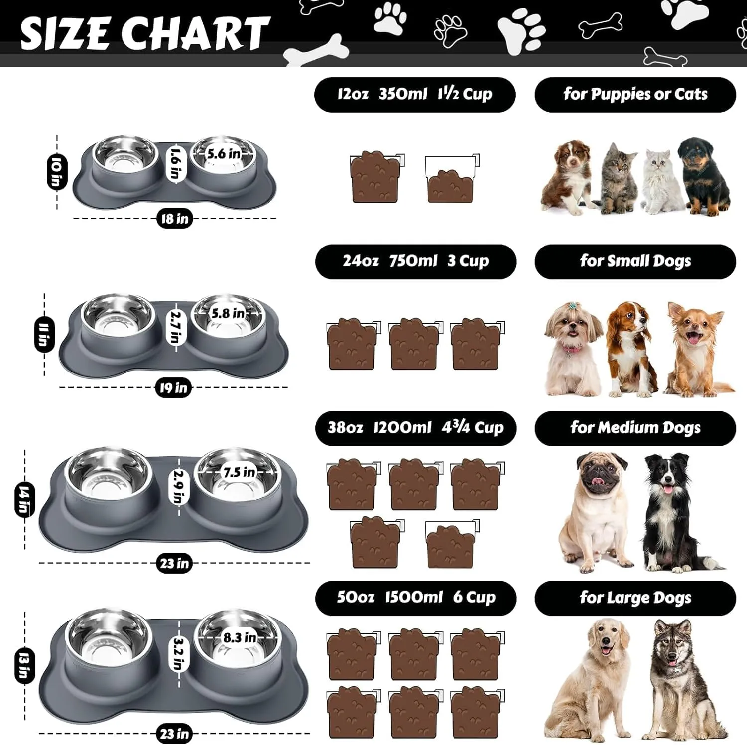 AsFrost Dog Food Bowls, BPA Free Stainless Steel Dog Food and Water Bowl Set, 2 Large Dog Bowls with No Spill Non-Skid Silicone Mat, Dog Dishes for Medium Large Sized Dogs Pet Bowls, 6 Cup, Grey