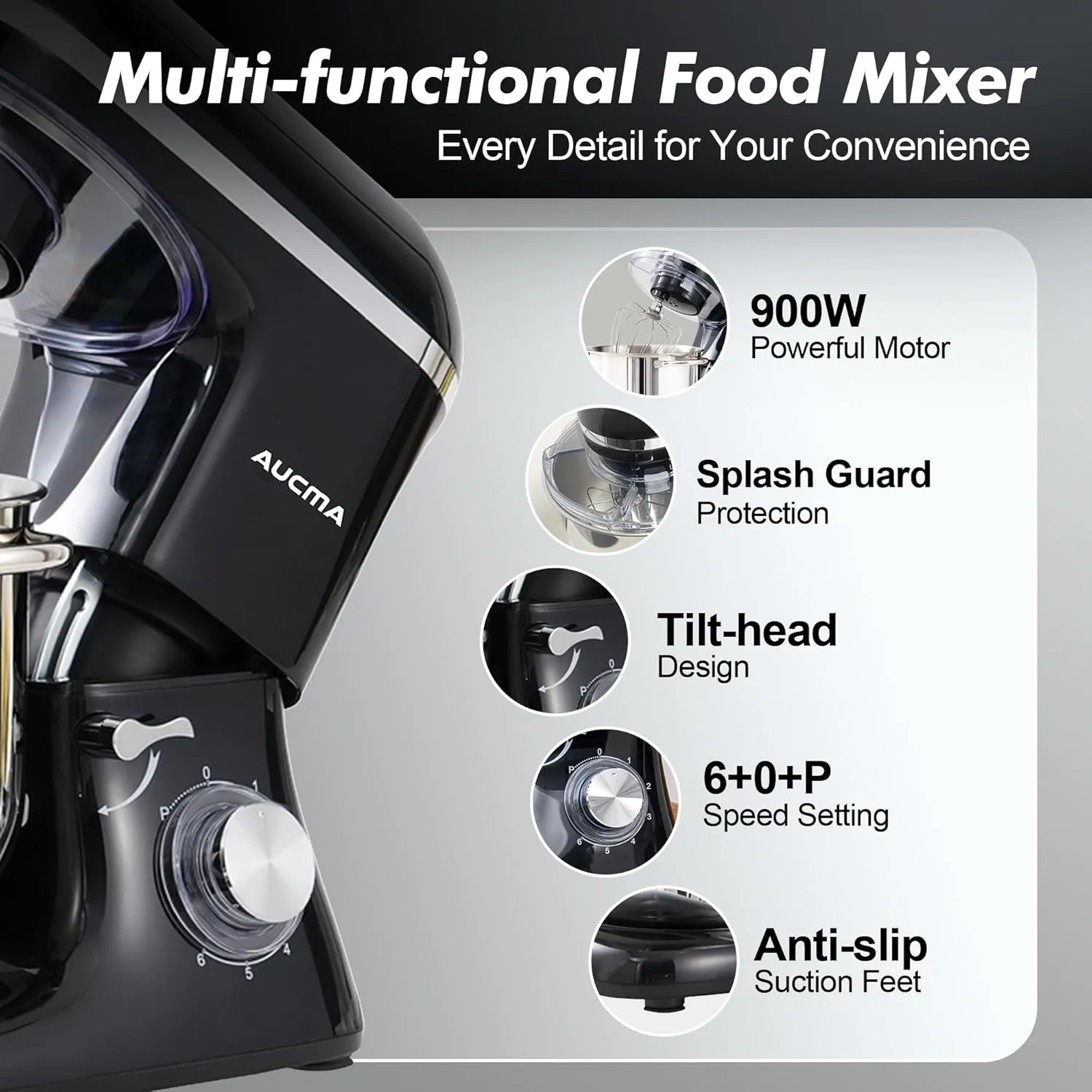 Aucma Stand Mixer, 900W 8QT Large Kitchen Mixer, Kitchen Electric Mixers with Dough Hook, Wire Whip & Beater (Black, 8QT)