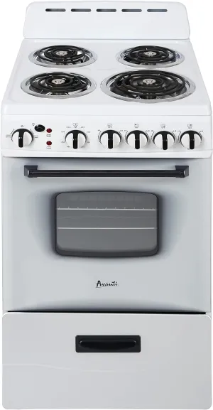 Avanti ERU200P0W Electric Range Oven Compact Design, 2.1-Cu.Ft. Capacity with 4 Coil Burners, Framed Glass Door, Storage Drawer and Broiler with Pan, 20-Inch, White
