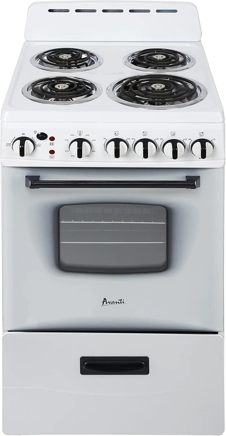 Avanti ERU200P0W Electric Range Oven Compact Design, 2.1-Cu.Ft. Capacity with 4 Coil Burners, Framed Glass Door, Storage Drawer and Broiler with Pan, 20-Inch, White