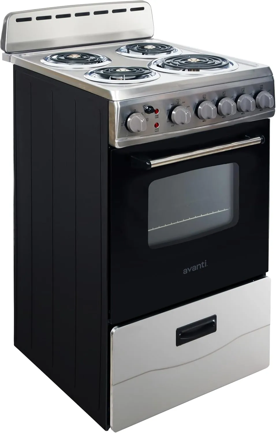 Avanti ERU200P3S Electric Range Oven Compact Design, 2.1-Cu.Ft. Capacity with 4 Coil Burners, Framed Glass Door, Storage Drawer and Broiler with Pan Perfect for Apartments, 20-Inch, Stainless Steel