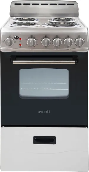 Avanti ERU200P3S Electric Range Oven Compact Design, 2.1-Cu.Ft. Capacity with 4 Coil Burners, Framed Glass Door, Storage Drawer and Broiler with Pan Perfect for Apartments, 20-Inch, Stainless Steel