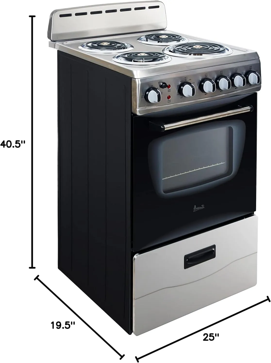 Avanti ERU200P3S Electric Range Oven Compact Design, 2.1-Cu.Ft. Capacity with 4 Coil Burners, Framed Glass Door, Storage Drawer and Broiler with Pan Perfect for Apartments, 20-Inch, Stainless Steel