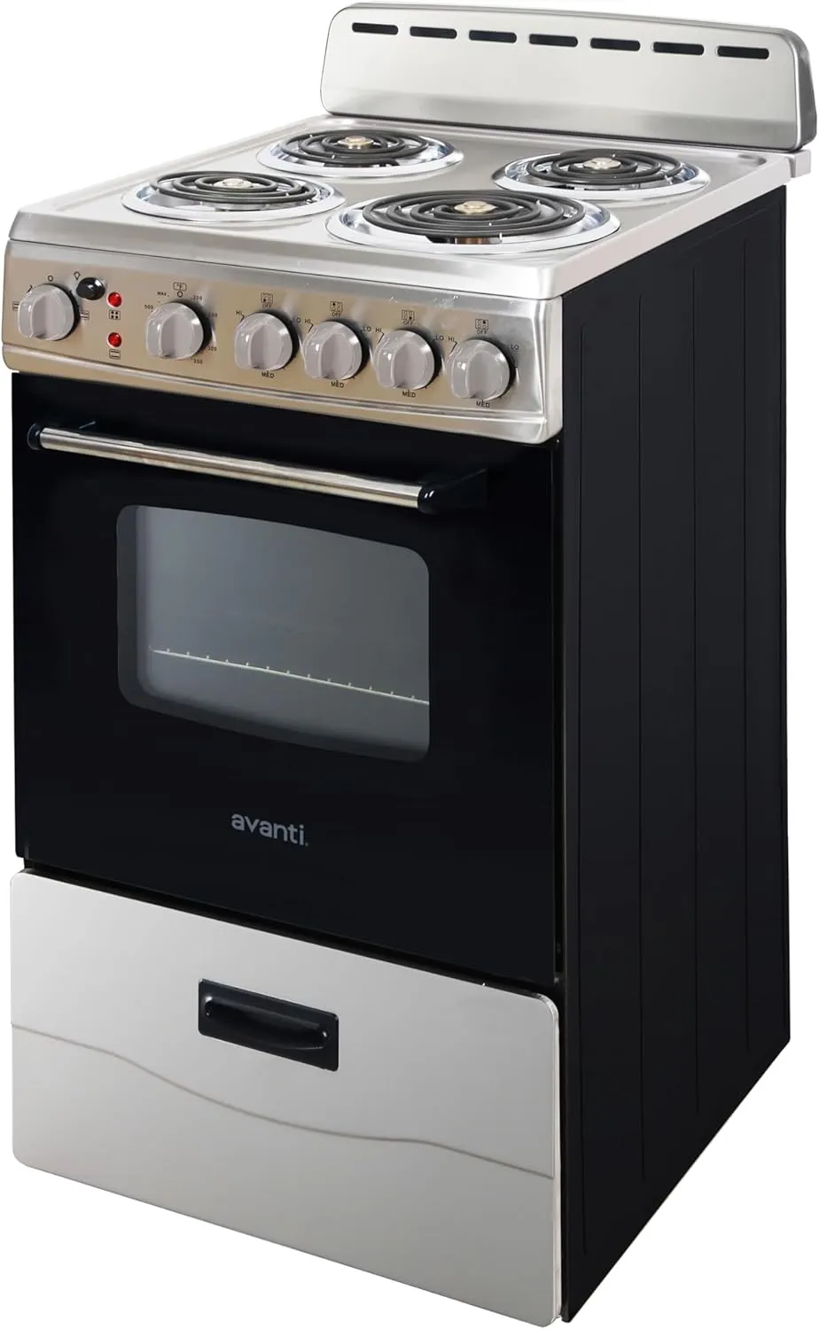 Avanti ERU200P3S Electric Range Oven Compact Design, 2.1-Cu.Ft. Capacity with 4 Coil Burners, Framed Glass Door, Storage Drawer and Broiler with Pan Perfect for Apartments, 20-Inch, Stainless Steel