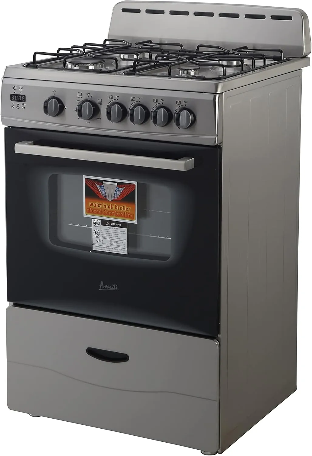 Avanti Gas Range Oven, Compact Freestanding Design, 4 Sealed Burners with Electronic Ignition, 2.6 Cu.Ft. Capacity Features Glass Door Storage Drawer Broiler and Accessories, 24-Inch, Stainless Steel