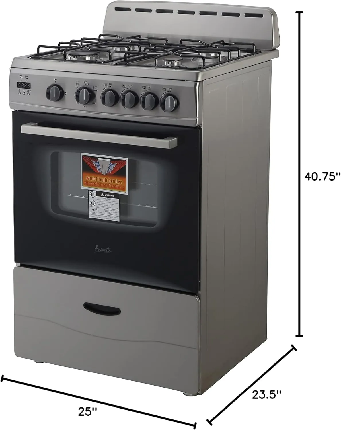 Avanti Gas Range Oven, Compact Freestanding Design, 4 Sealed Burners with Electronic Ignition, 2.6 Cu.Ft. Capacity Features Glass Door Storage Drawer Broiler and Accessories, 24-Inch, Stainless Steel