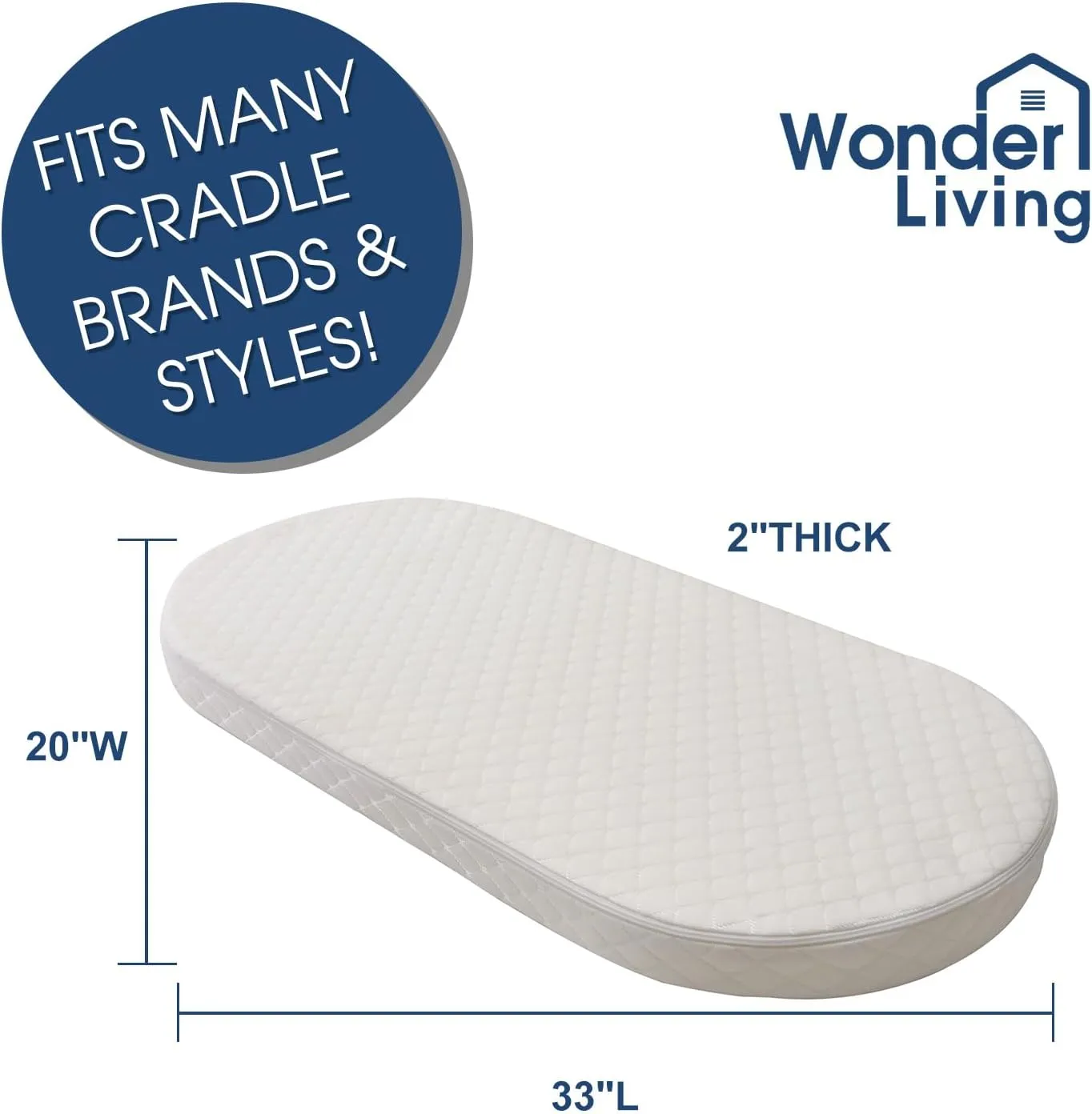 Baby Bassinet Mattress, Breathable, Premium Foam, Hypoallergenic, Non-Toxic, Oval Shaped with Removal Waterproof Cover, 20" x 33" x 2''