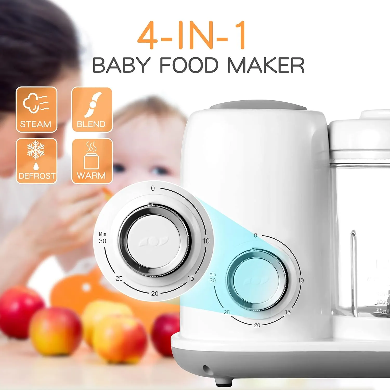 Baby Food Maker, 4 in 1 Baby Food Processor and Steamer, Puree Blender, Multifunctional Baby Puree Maker, Dishwasher Safe, White
