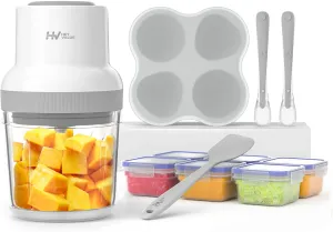 Baby Food Maker, HEYVALUE 13-in-1 Food Processor Set, Fruit, Vegatable, Meat, Baby Puree Blender with Baby Containers, Food Freezer Tray, Silicone Spoons, Spatula (Gray)
