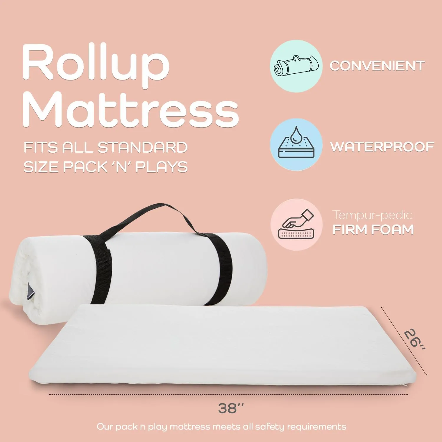Babylicious Waterproof Pack N Play Mattress Topper - Twin (38'' x 26'') | Roll Up Style - Breathable Soft Memory Foam - Portable Playard Mattress Topper - Baby Foam Playpen Mattresses - Plain White