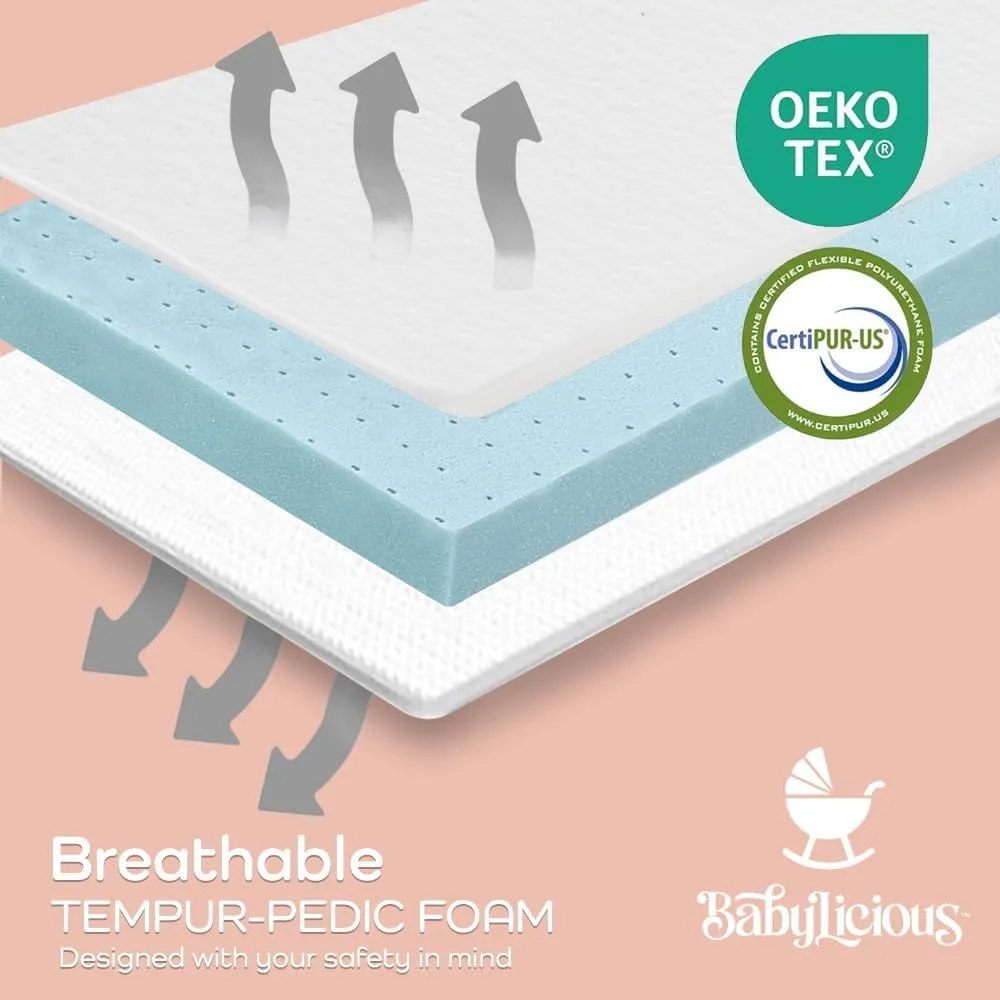 Babylicious Waterproof Pack N Play Mattress Topper - Twin (38'' x 26'') | Roll Up Style - Breathable Soft Memory Foam - Portable Playard Mattress Topper - Baby Foam Playpen Mattresses - Plain White