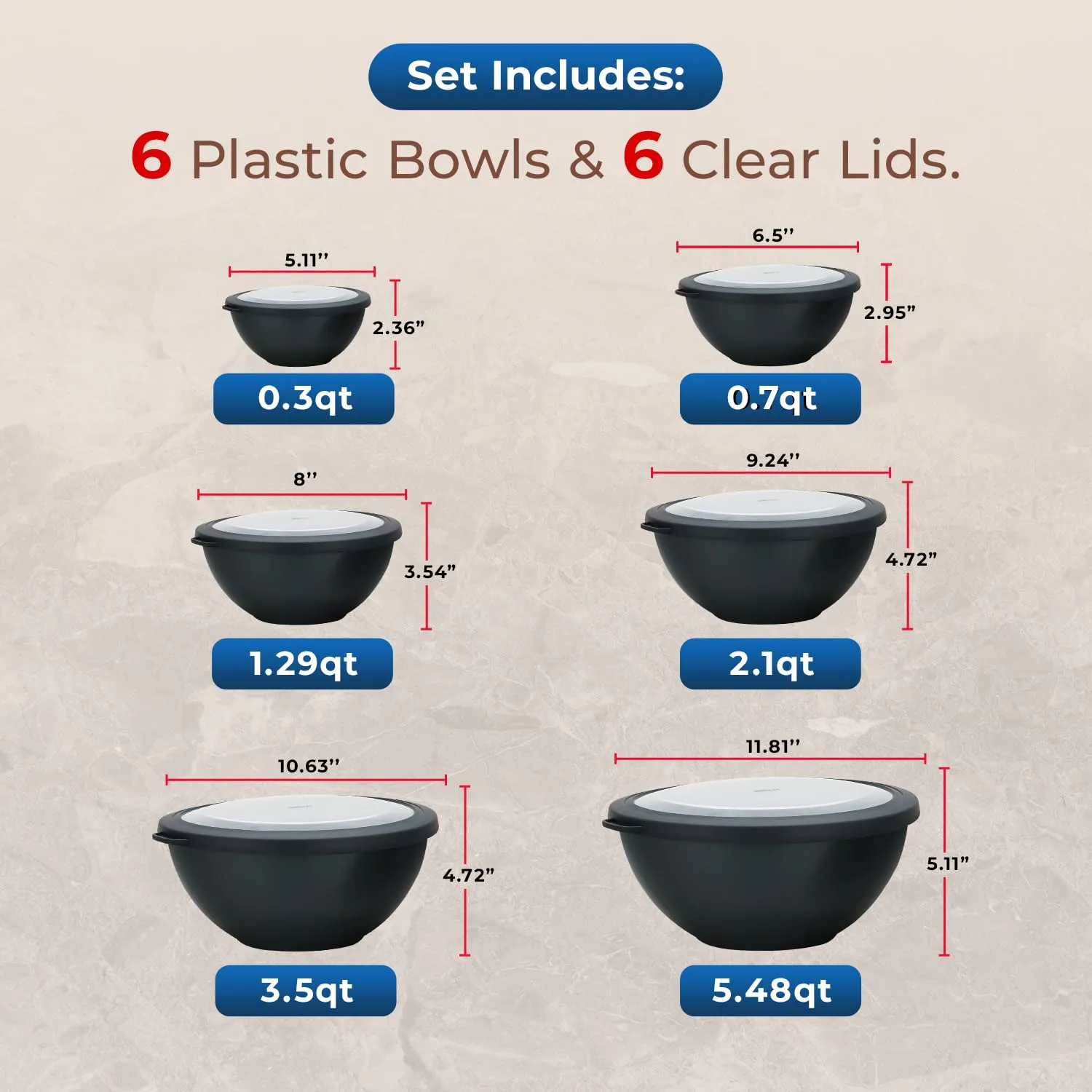 Bakken Master 12 Piece Plastic Nesting Bowls with Lids - Mixing Bowls Set includes 6 Prep Bowls and 6 Lids, BPA-Free, Reusable Meal Prep Containers, Microwave, Freezer & Dishwasher Safe, Gray