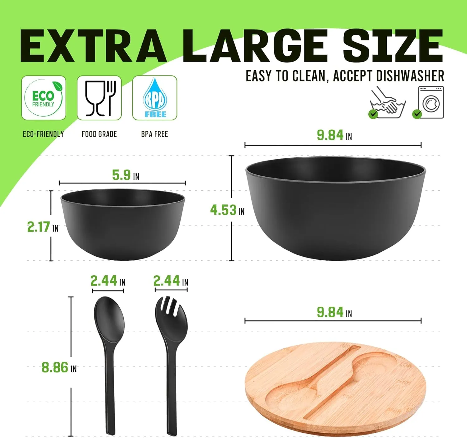Bamboo Fiber Salad Bowl Set,Large Mixing Bowl with Natural Bamboo Lid and Utensils,4 Serving Bowls,Spoon,Fork and Fabric Bag for Salad,Soup,Vegetables,Pasta and Fruits(Black,9.8inches)
