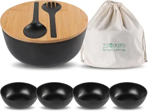 Bamboo Fiber Salad Bowl Set,Large Mixing Bowl with Natural Bamboo Lid and Utensils,4 Serving Bowls,Spoon,Fork and Fabric Bag for Salad,Soup,Vegetables,Pasta and Fruits(Black,9.8inches)