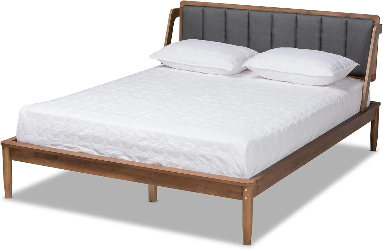 Baxton Studio Helsa Mid-Century Modern Dark Grey Fabric Upholstered and Walnut Finished Queen Size Platform Bed