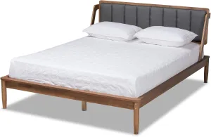 Baxton Studio Helsa Mid-Century Modern Dark Grey Fabric Upholstered and Walnut Finished Queen Size Platform Bed