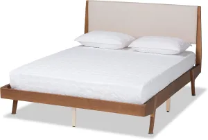Baxton Studio Senna Mid-Century Modern Beige Fabric Upholstered and Walnut Brown Finished Wood King Size Platform Bed