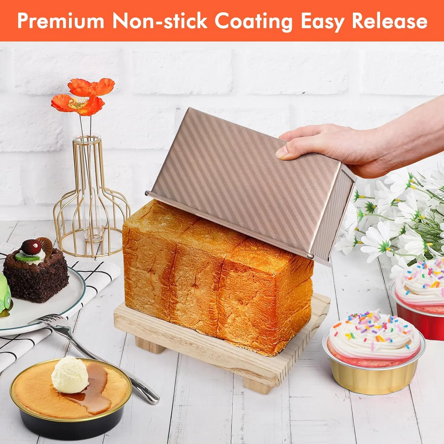 Beasea Pullman Loaf Pan with Lid, 2 Pack Non-Stick Bread Loaf Pans for Homemade Bread 1 lb & 0.5 lb Carbon Steel Bread Toast Box with Dough Scraper for Bread Toast Oven Baking - Rose Gold