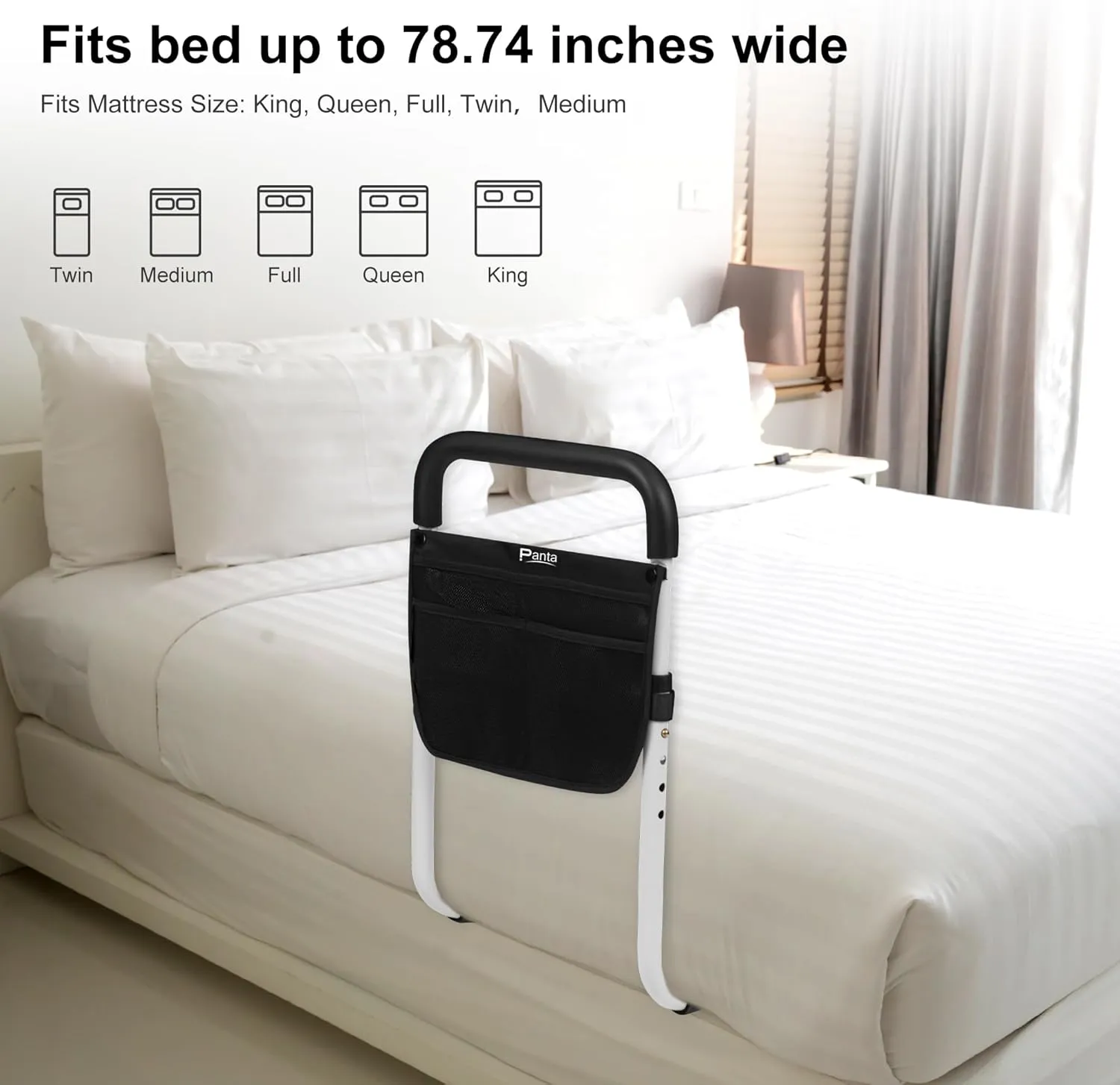 Bed Rails for Elderly Adults, Adjustable Bed Assist Bar for Seniors, Medical Bed Safety Rail with Storage Bag and Fixing Strap, Portable Bed Cane Fit King, Queen, Full, Twin, Medium, Black