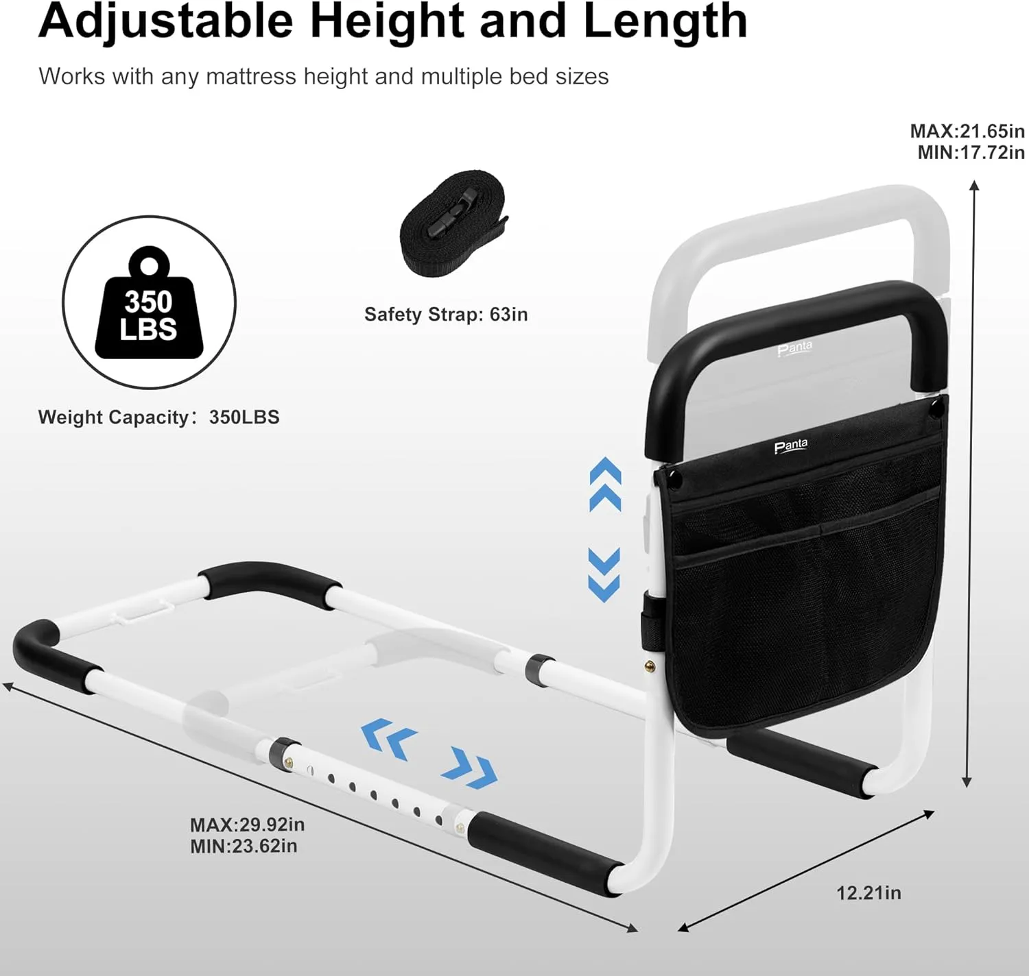 Bed Rails for Elderly Adults, Adjustable Bed Assist Bar for Seniors, Medical Bed Safety Rail with Storage Bag and Fixing Strap, Portable Bed Cane Fit King, Queen, Full, Twin, Medium, Black
