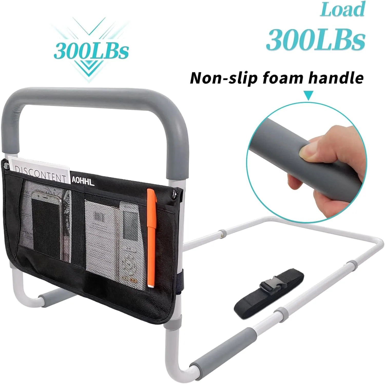 Bed Rails for Elderly Adults Safety with Adjustable Heights Storage Pocket Assist Support Side Railings Seniors Slides Under Mattressbed Cane Guard Bed Handles Bars (Light Grey Handle)