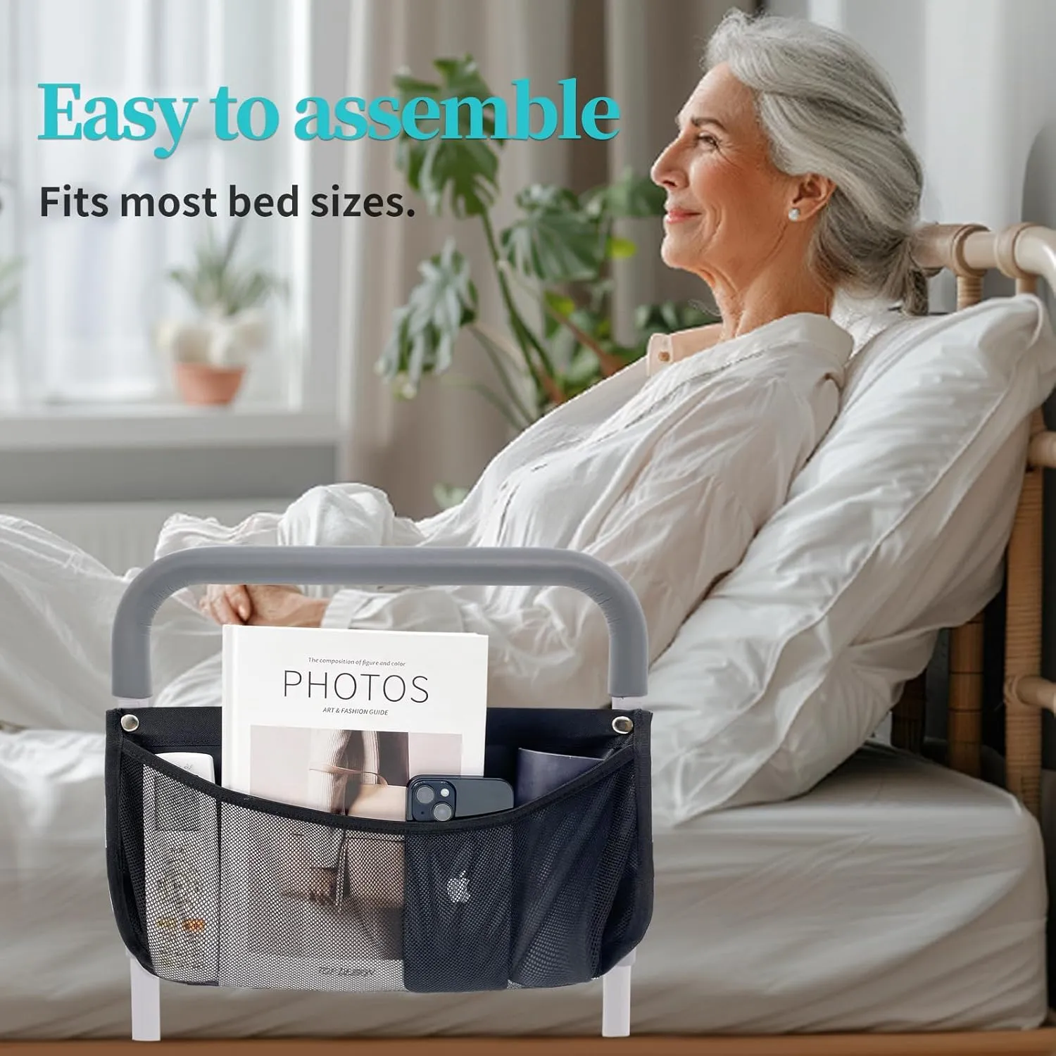 Bed Rails for Elderly Adults Safety with Adjustable Heights Storage Pocket Assist Support Side Railings Seniors Slides Under Mattressbed Cane Guard Bed Handles Bars (Light Grey Handle)
