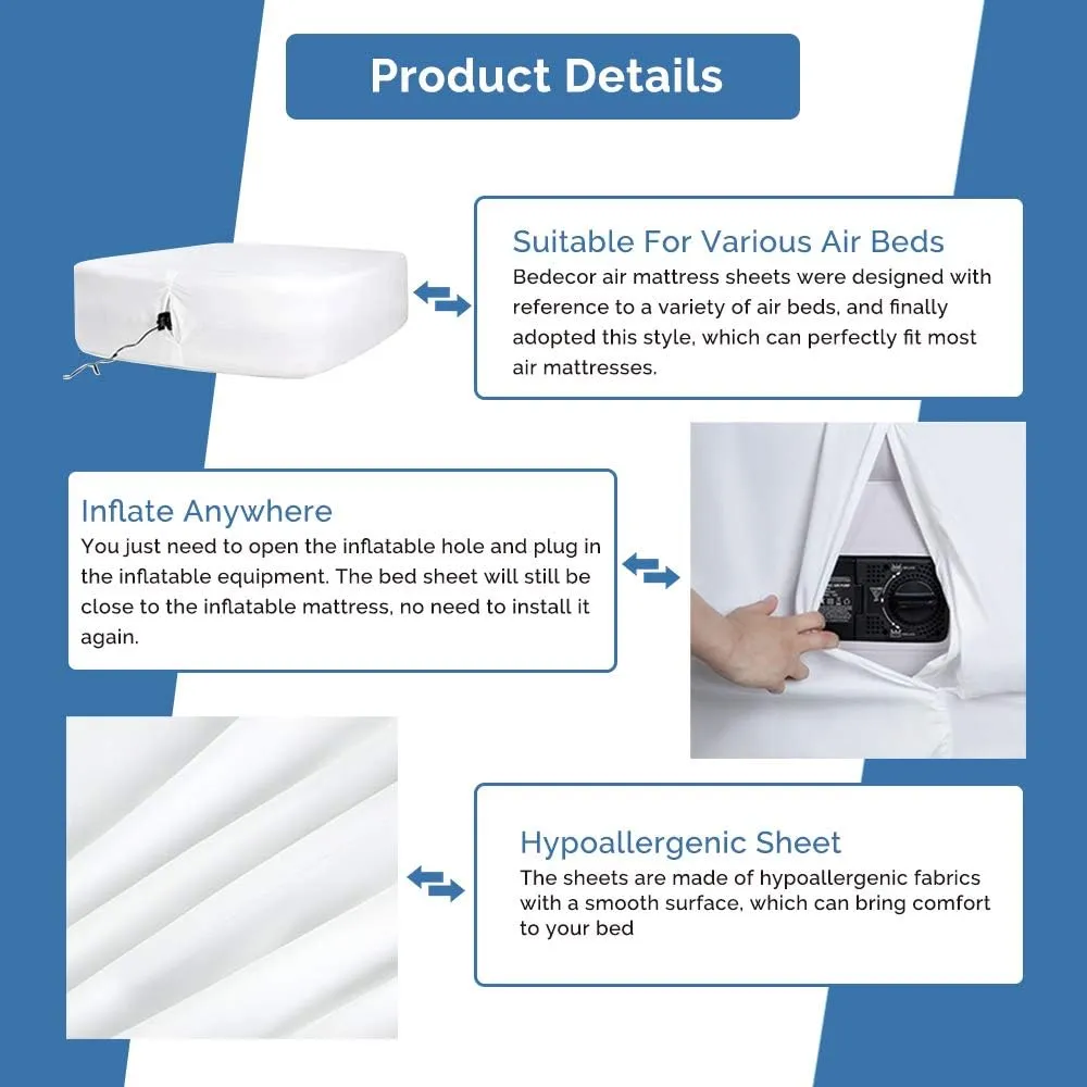 Bedecor Fitted Sheet for Air Mattress Inflate Without Disassembly Convenient & Firm Deep up to 21" White -Twin