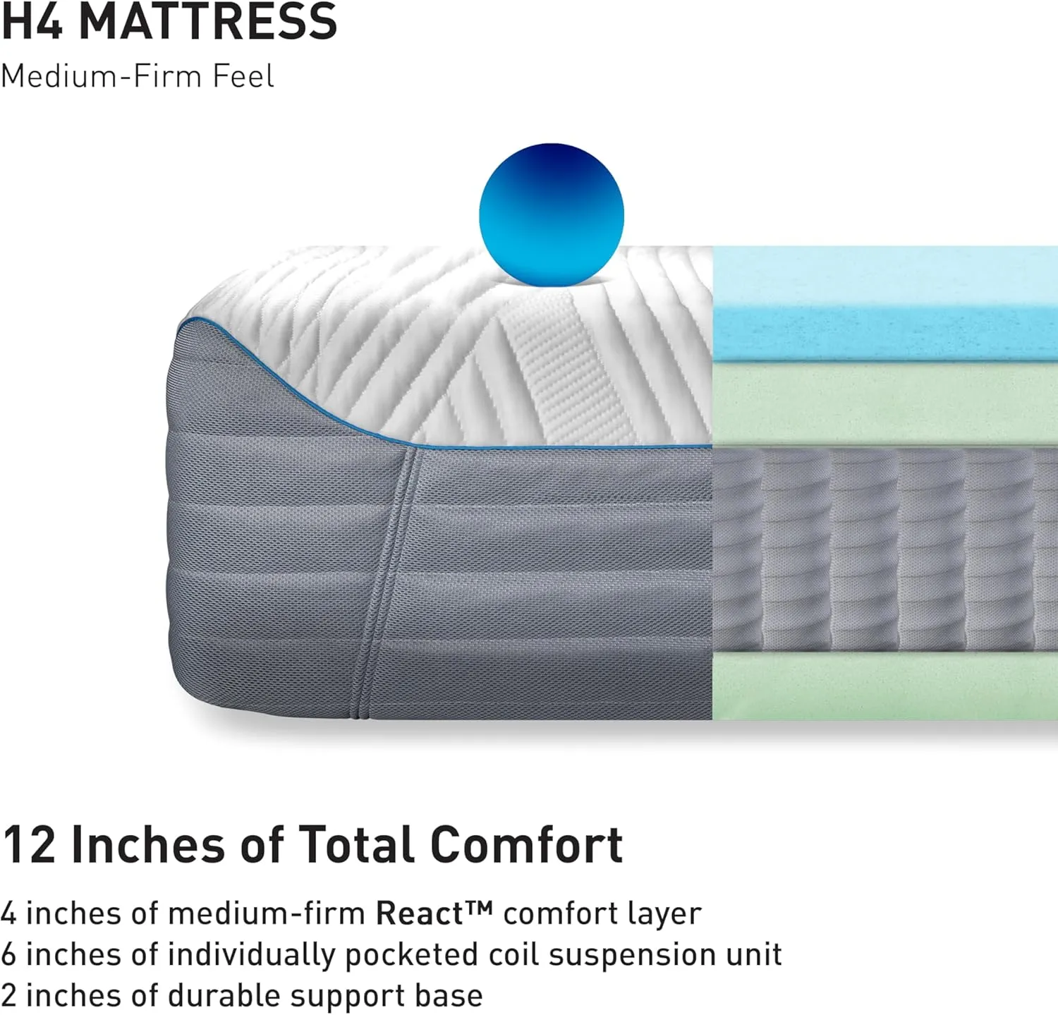 Bedgear H4 Performance King Mattress - Hybrid Memory Foam Mattress, Medium Firm - Adaptive React Foam for Comfort, Instant Cooling by Ver-Tex Technology