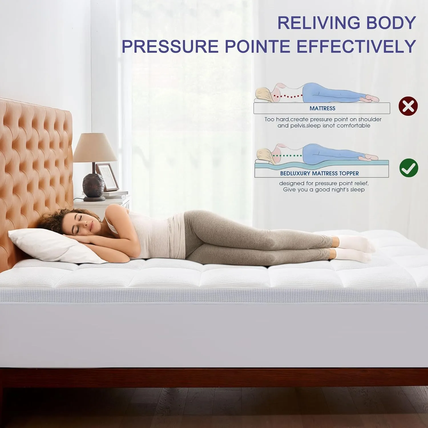Bedluxury Dual Layer 3 Inch Memory Foam Mattress Topper Queen Size，2 Inch Gel Memory Foam and 1 Inch Cooling Pillow Top Mattress Pad Cover for Back Pain，Comfort Support & Pressure Relief