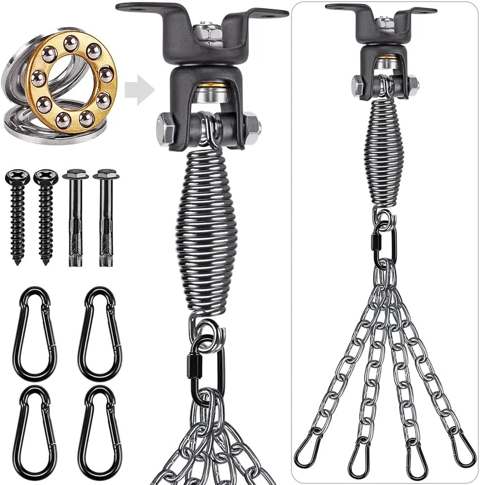 BeneLabel Heavy Duty Boxing Punching Bag Hanger Chain with Spring, 350 LB Capacity, 360° Rotation Wood Beam Holder with 4 Chains and 4 Carabiners, 2 Hexagon Wood Screws and 2 Expansion Screws.
