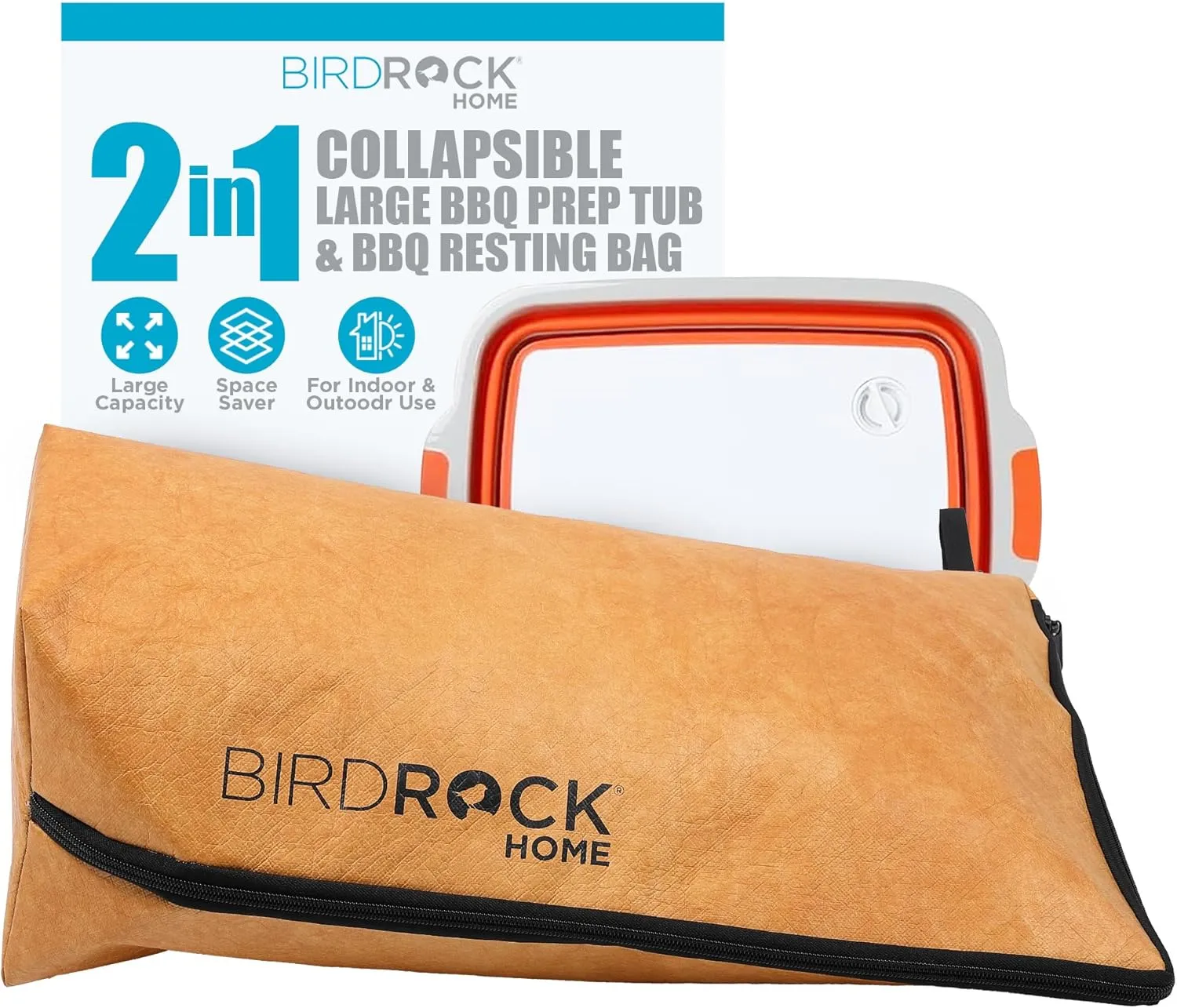 BIRDROCK HOME Collapsible Large BBQ Prep Tub & BBQ Resting Bag - Multi-Function Grill Caddy w/Colander & Lid, Portable Silicone Dish Bowl for Picnic, Tailgate, Camping - Orange & Brown