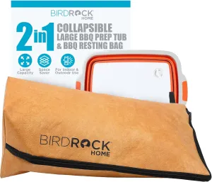 BIRDROCK HOME Collapsible Large BBQ Prep Tub & BBQ Resting Bag - Multi-Function Grill Caddy w/Colander & Lid, Portable Silicone Dish Bowl for Picnic, Tailgate, Camping - Orange & Brown