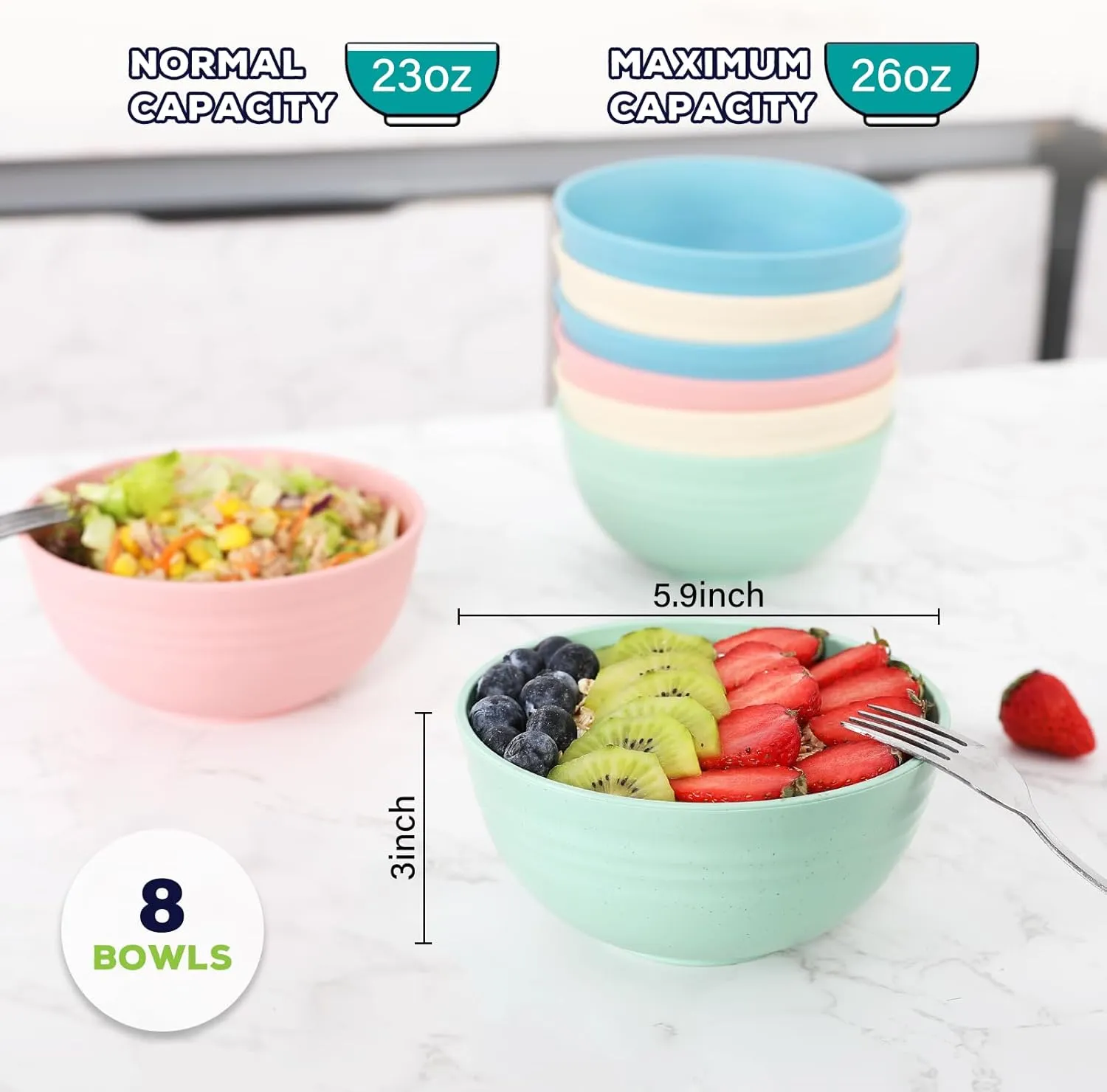 BPA-Free Plastic Bowls 8PCS - 26 Oz Unbreakable, Lightweight Cereal Bowls - Dishwasher & Microwave Safe - Noodles, Pasta, Salads, Soup