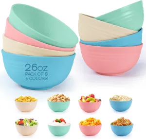 BPA-Free Plastic Bowls 8PCS - 26 Oz Unbreakable, Lightweight Cereal Bowls - Dishwasher & Microwave Safe - Noodles, Pasta, Salads, Soup