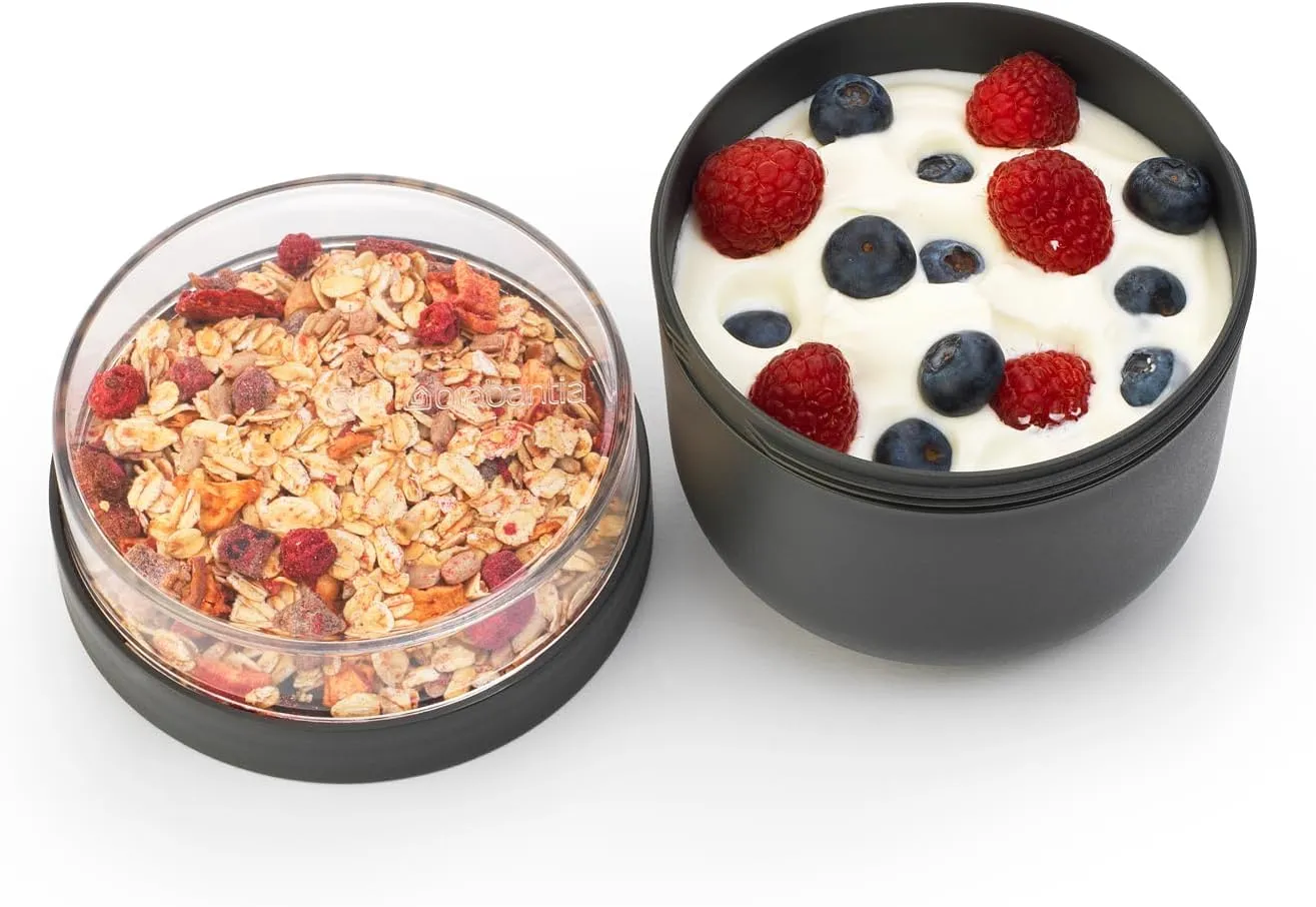 Brabantia Make & Take Breakfast Bowl with Removable Clear Compartment for Toppings (Dark Gray) 100% Leakproof, Microwave & Freezer Safe, Oats, Fruit, Cereal Container (17 fl oz)