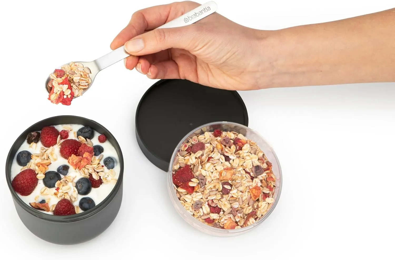 Brabantia Make & Take Breakfast Bowl with Removable Clear Compartment for Toppings (Dark Gray) 100% Leakproof, Microwave & Freezer Safe, Oats, Fruit, Cereal Container (17 fl oz)