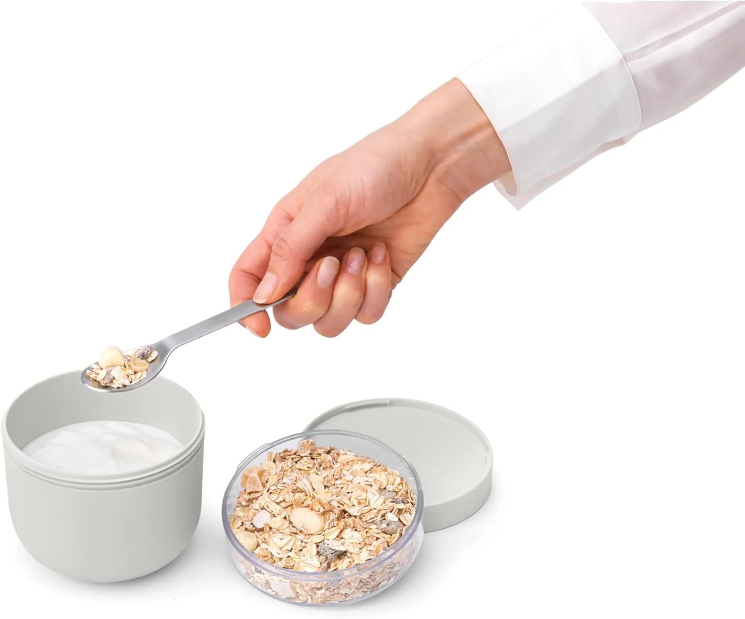 Brabantia Make & Take Breakfast Bowl with Removable Clear Compartment for Toppings (Light Gray) 100% Leakproof, Microwave & Freezer Safe, Oats, Fruit, Cereal Container (17 fl oz)