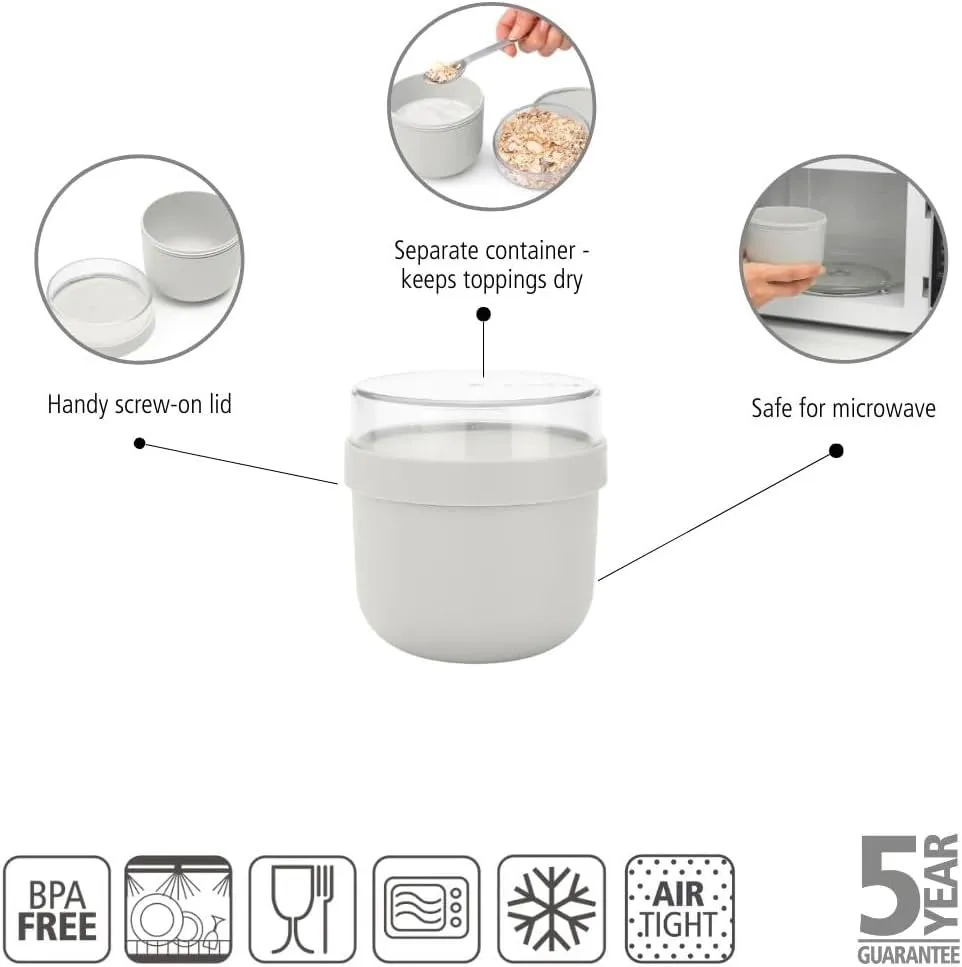 Brabantia Make & Take Breakfast Bowl with Removable Clear Compartment for Toppings (Light Gray) 100% Leakproof, Microwave & Freezer Safe, Oats, Fruit, Cereal Container (17 fl oz)