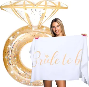 Bride Diamond Ring Pool Float & Towel Set Bachelorette Party Decoration Inflatable Diamond Bride Pool Float Bridal Shower Gift Engagement Party Accessories Swimming Tube River Wedding Photo Prop(Gold)