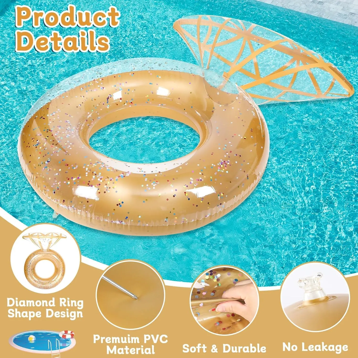 Bride Diamond Ring Pool Float & Towel Set Bachelorette Party Decoration Inflatable Diamond Bride Pool Float Bridal Shower Gift Engagement Party Accessories Swimming Tube River Wedding Photo Prop(Gold)