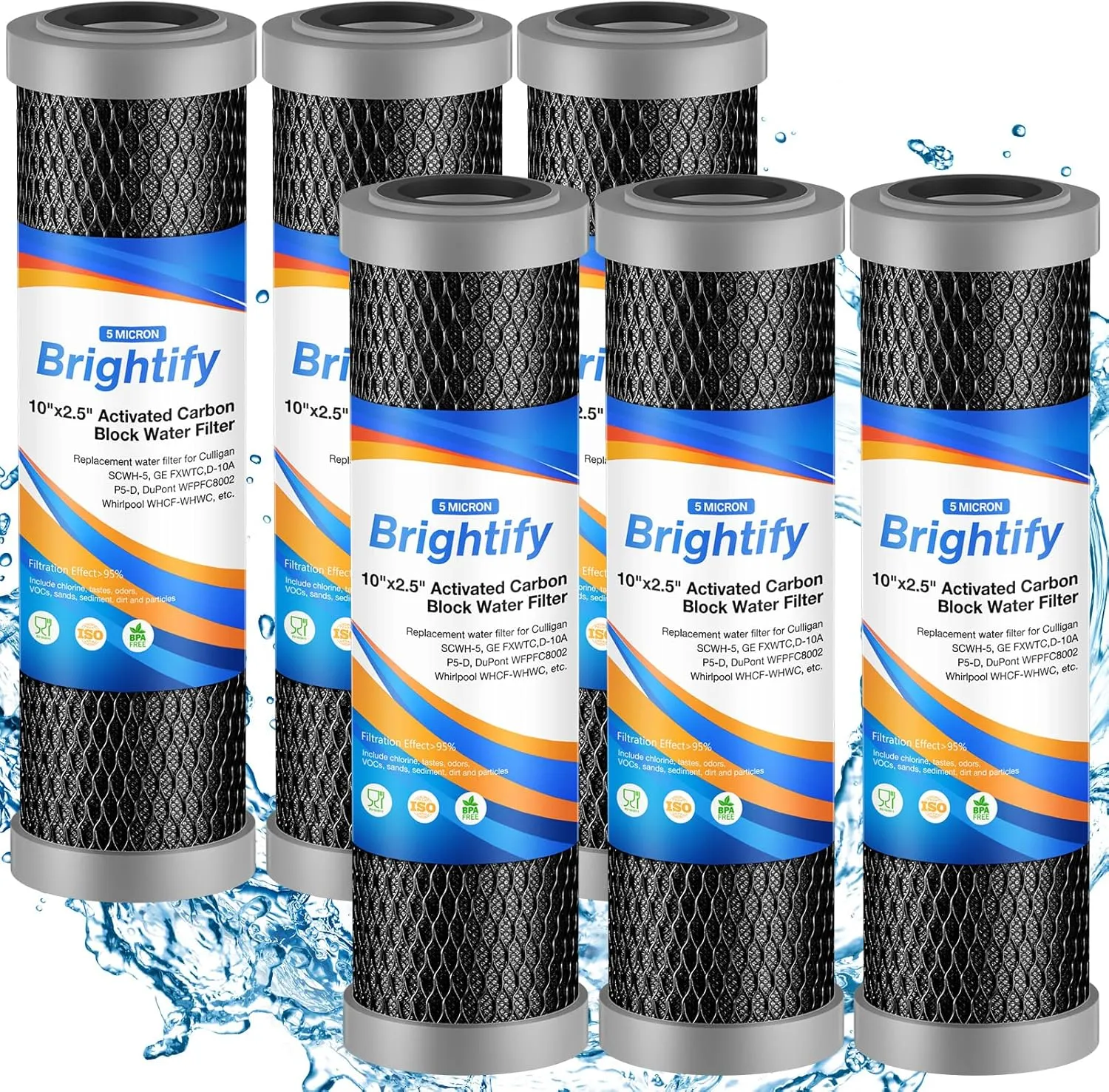 Brightify 10"x2.5" 5 Micron Carbon Water Filter, Whole House Carbon CTO Water Filter Cartridge Replacement Fits Culligan D-10A, P5-D, DuPont WFPFC8002, SCWH-5, GE FXWTC, Whirlpool WHCF-WHWC, 6 Pack