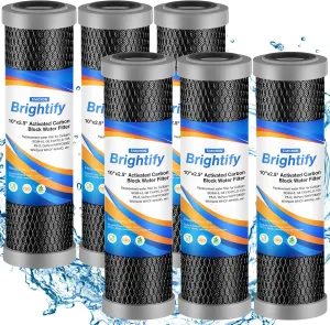 Brightify 10"x2.5" 5 Micron Carbon Water Filter, Whole House Carbon CTO Water Filter Cartridge Replacement Fits Culligan D-10A, P5-D, DuPont WFPFC8002, SCWH-5, GE FXWTC, Whirlpool WHCF-WHWC, 6 Pack