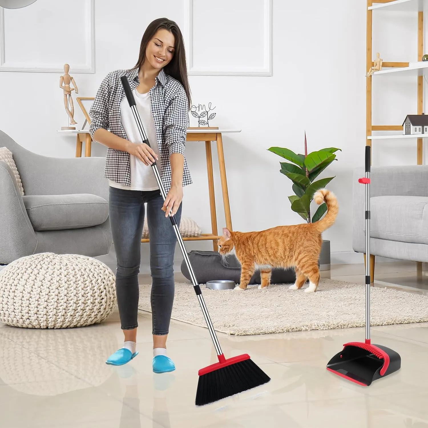 Broom and Dustpan Set, 52-in Long Adjustable Handle Broom Dustpan Combo with Dustpan Teeth to Automatically Clean Hair Suitable for Home Kitchen Office Hall Floor (Black&Red), 2 Pack