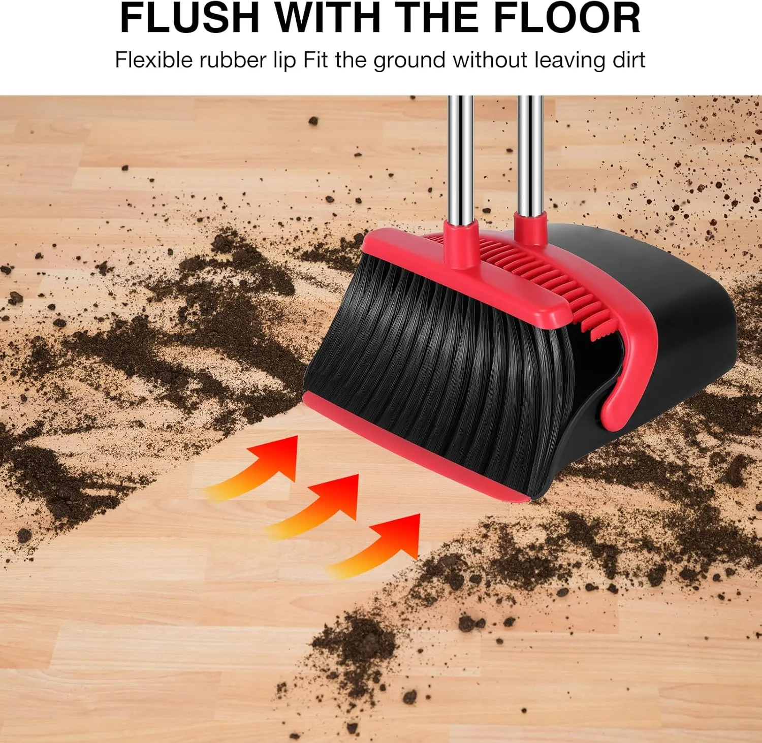 Broom and Dustpan Set, 52-in Long Adjustable Handle Broom Dustpan Combo with Dustpan Teeth to Automatically Clean Hair Suitable for Home Kitchen Office Hall Floor (Black&Red), 2 Pack