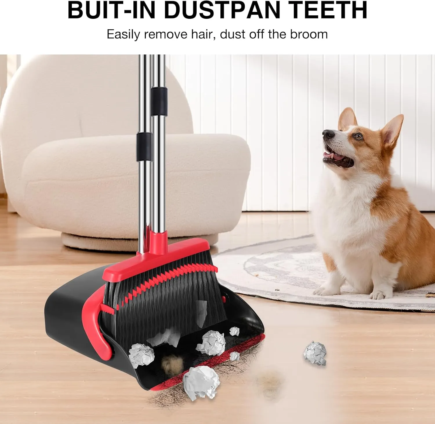 Broom and Dustpan Set, 52-in Long Adjustable Handle Broom Dustpan Combo with Dustpan Teeth to Automatically Clean Hair Suitable for Home Kitchen Office Hall Floor (Black&Red), 2 Pack