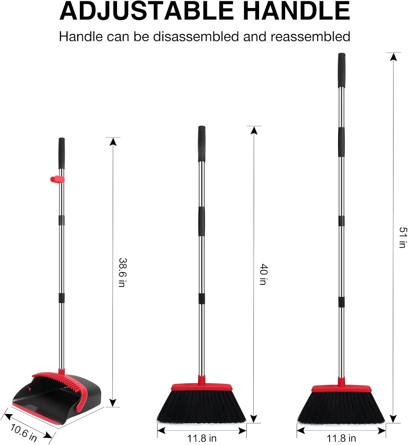Broom and Dustpan Set, 52-in Long Adjustable Handle Broom Dustpan Combo with Dustpan Teeth to Automatically Clean Hair Suitable for Home Kitchen Office Hall Floor (Black&Red), 2 Pack